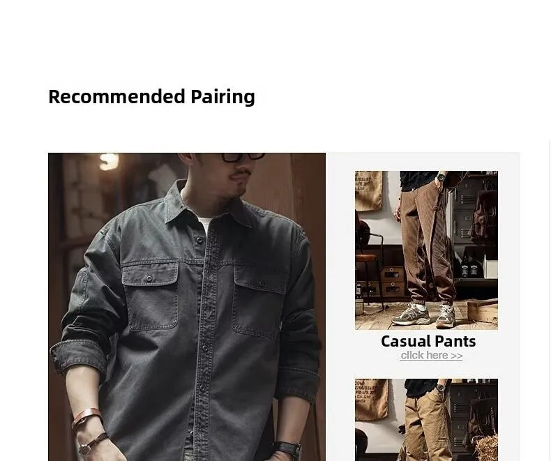 Retro American Workwear Long Sleeve Men's Denim Shirt Jacket Autumn Loose Hunting Style Casual Fashion Outerwear Coat
