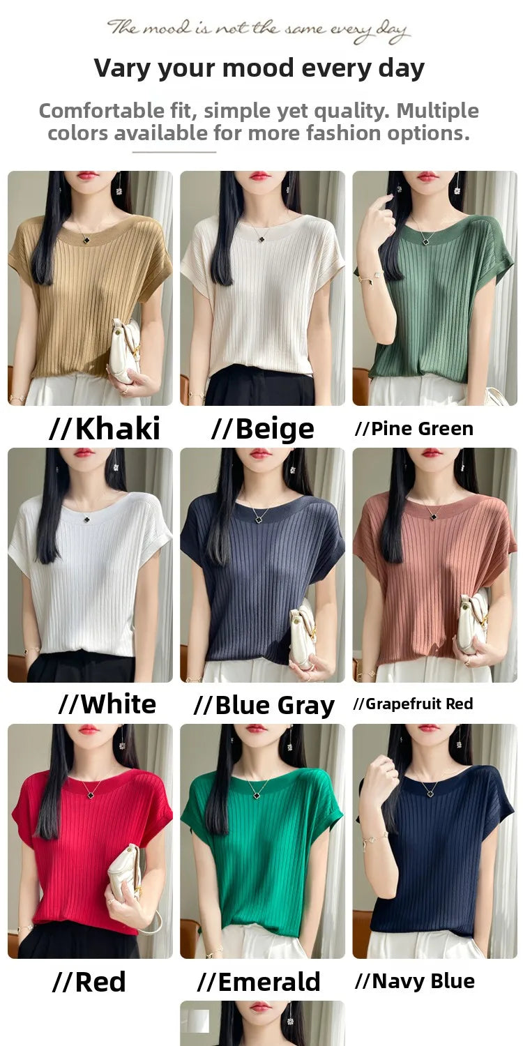 Summer Thin Ice Silk Knitted Loose T-Shirt Women's Short Sleeve Versatile Top Breathable Cool Feeling Pure Color Basic Fit