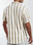 Vacation Casual Mens Knitted Shirts Short Sleeve Button-up Lapel Knit Shirt 2026 Spring Summer Stylish Patchwork Striped Shirts