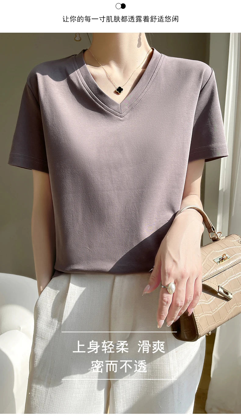 Summer V-neck 100% Cotton Short-Sleeved T-Shirt Women's Loose Mercerized Cotton Half-Sleeve Bottoming Shirt White High-end Top