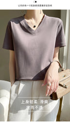 Summer V-neck 100% Cotton Short-Sleeved T-Shirt Women's Loose Mercerized Cotton Half-Sleeve Bottoming Shirt White High-end Top