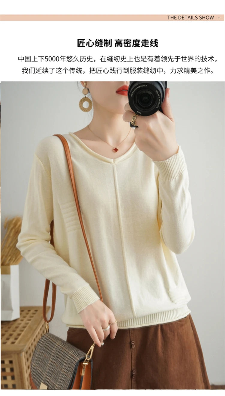 2023 Autumn/Winter Women's New Pullover Casual Solid 100% Cotton Knitted V-Neck Loose Sweater Fashion Soft Breathable Top