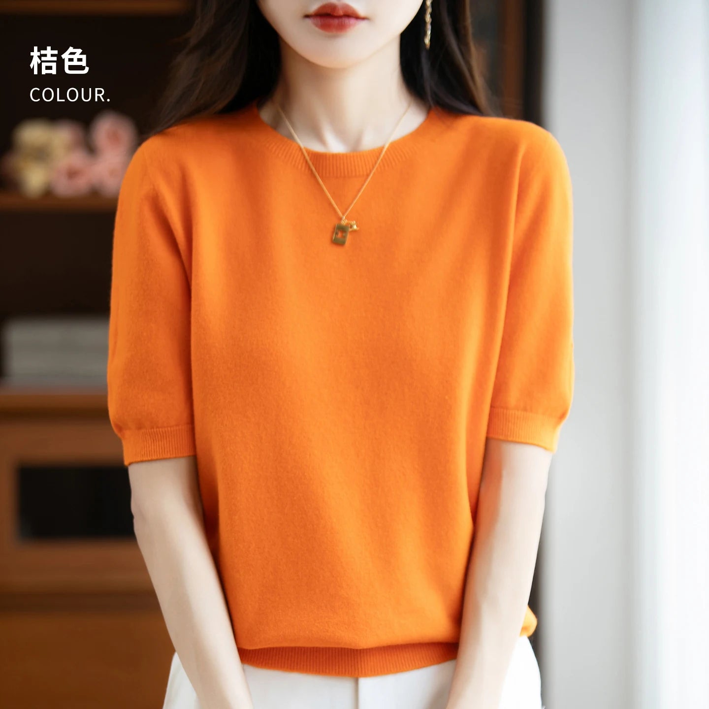 Fall/winter women's O-neck basic warm casual pullover fashion short sleeve 100% wool 22-color knitted sweater.