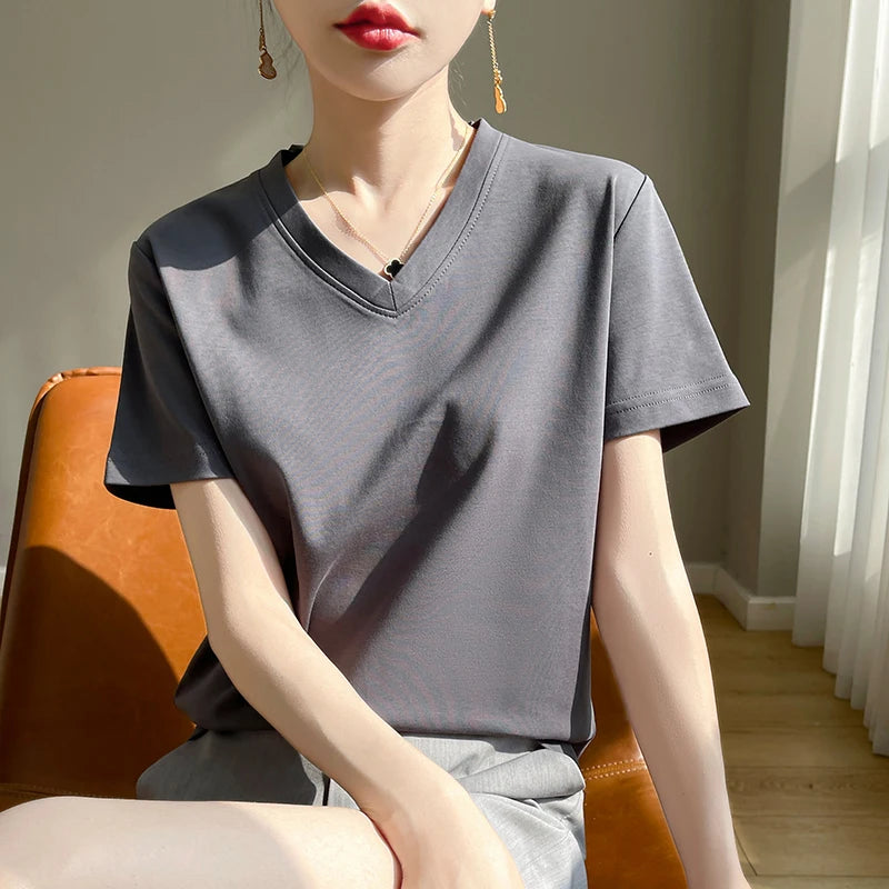 Summer V-neck 100% Cotton Short-Sleeved T-Shirt Women's Loose Mercerized Cotton Half-Sleeve Bottoming Shirt White High-end Top