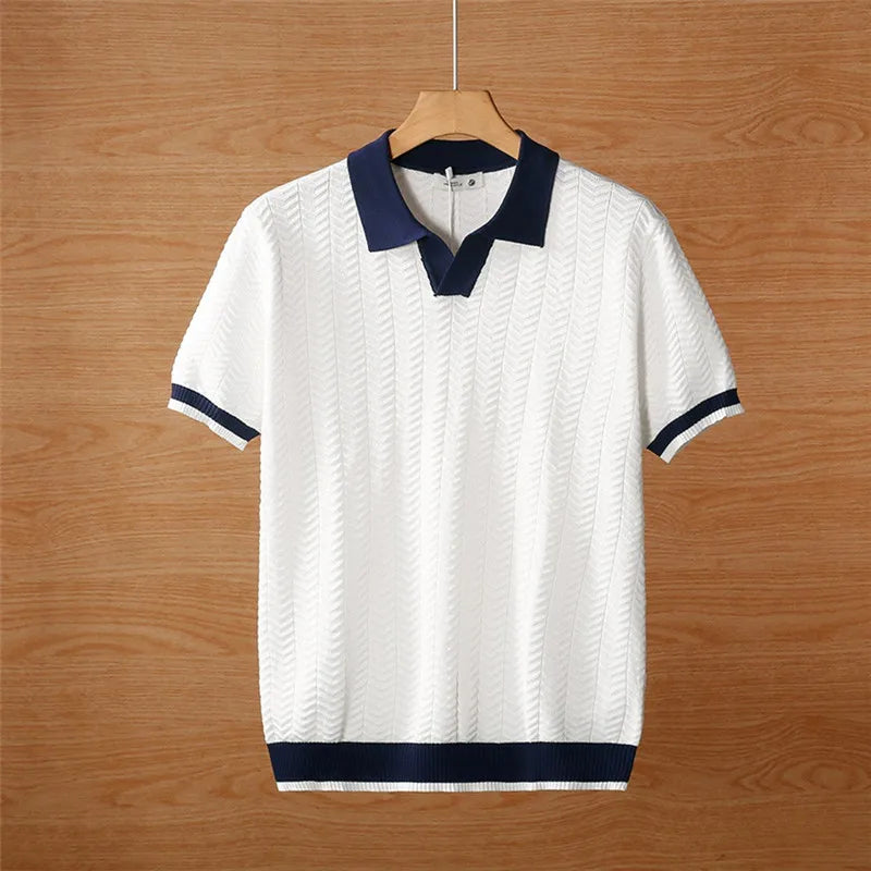 Summefashion Patchwork Knitted Polo Shirts Men Business Casual Turn Down Collar Knit Polos Male Vintage Short Sleeve Tees Tops