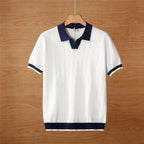 Summefashion Patchwork Knitted Polo Shirts Men Business Casual Turn Down Collar Knit Polos Male Vintage Short Sleeve Tees Tops