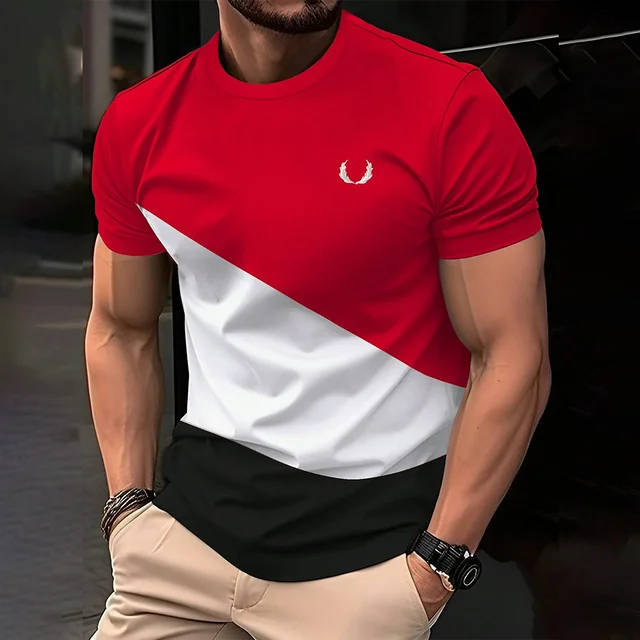 2025 Fashion Men's Color Blocking Printed T-Shirt Casual Street Male Crew Neck Short Sleeve T Shirt Large Size Menswear Clothing