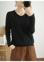 2023 Autumn/Winter Women's New Pullover Casual Solid 100% Cotton Knitted V-Neck Loose Sweater Fashion Soft Breathable Top