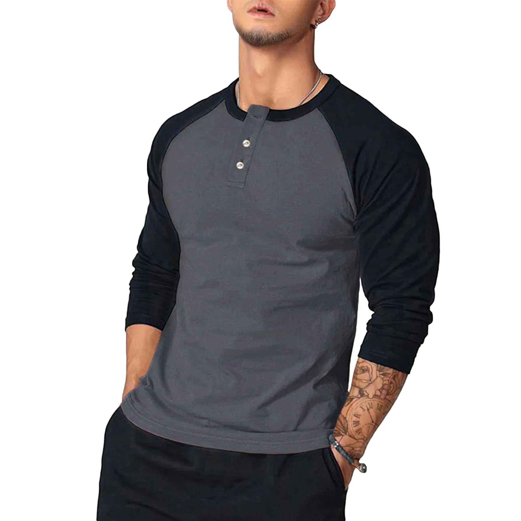 New Slim Fit Round Neck Long Sleeve T-Shirt Men with Arm Color Block Casual Base Layer