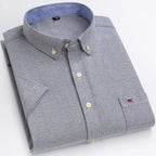 Men's Oxford Short Sleeve Square Collar Soild Plaid Striped Summer Casual Shirts Single Pocket Comfortable Cotton Shirt