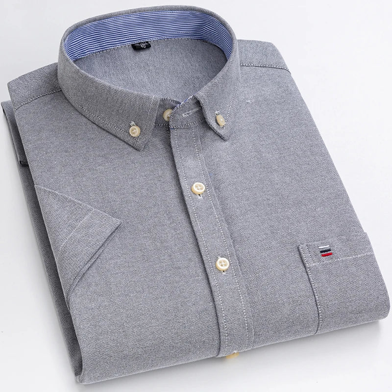 Men's Oxford Short Sleeve Square Collar Soild Plaid Striped Summer Casual Shirts Single Pocket Comfortable Cotton Shirt