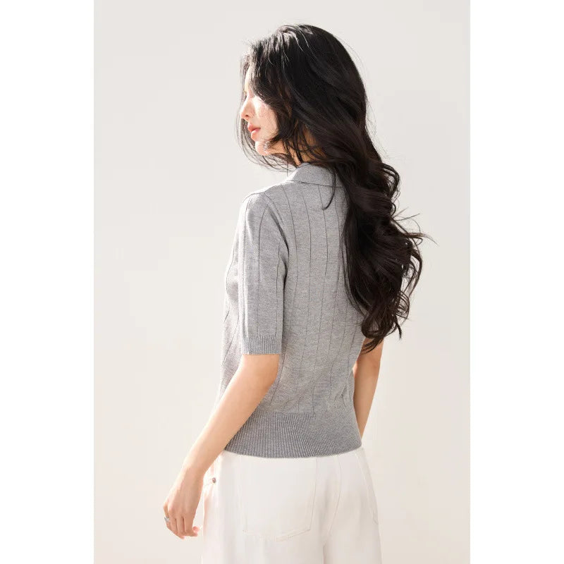 Plus Size Pure Color Polo Shirt Knitted Short Sleeve Ice Silk Short Style Slimming Collar T-Shirt Women Summer Korean Version...