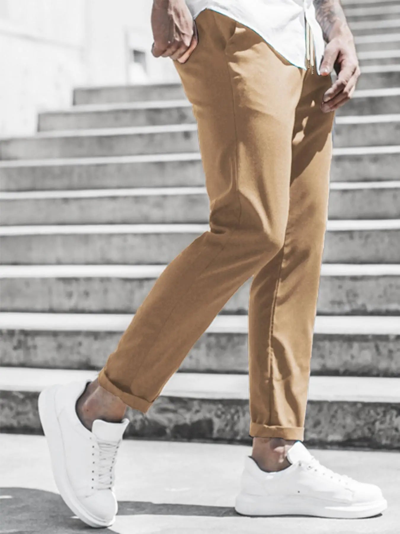 Men's Solid Color Casual Pants with Drawstring Waist Regular Fit Comfy Trousers with Pockets for Spring And Fall