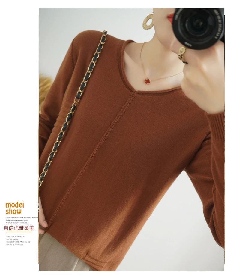 2023 Autumn/Winter Women's New Pullover Casual Solid 100% Cotton Knitted V-Neck Loose Sweater Fashion Soft Breathable Top