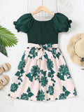 Girls' Summer Cute Woven Hug Micro Elastic Printed Princess Dress Girls' Short Sleeves Fashionable Splicing Skirt