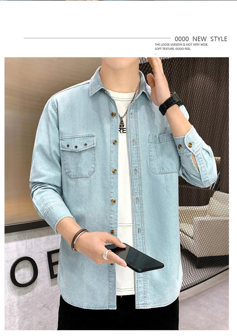 New Men's Denim Shirt Pure Cotton Washed Fashion Top Youth Style Japanese Design Autumn Collection Slim Fit Long Sleeve Casua...