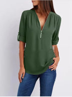 2025 Hot Sale Women Cool Loose Shirt Deep V Neck Chiffon Fashion Blouse Casual Ladies Tops Sexy Zipper Pullover Plus Size