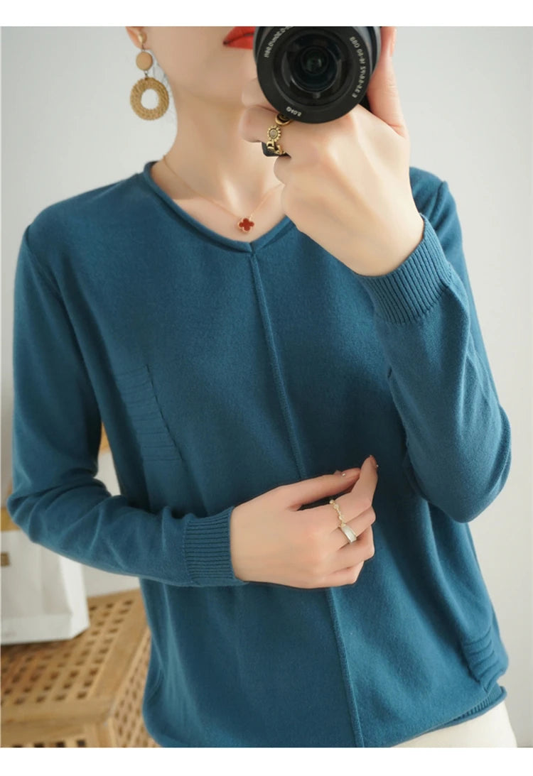 2023 Autumn/Winter Women's New Pullover Casual Solid 100% Cotton Knitted V-Neck Loose Sweater Fashion Soft Breathable Top