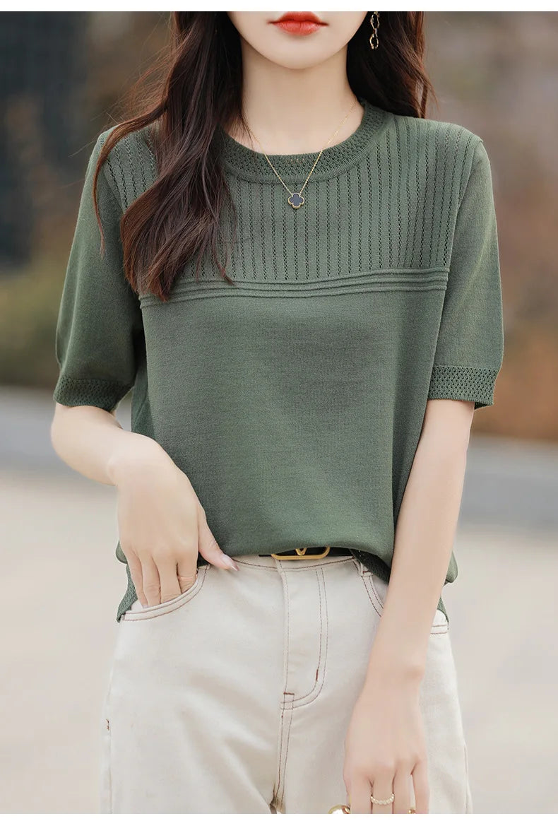 Women Sweater Short Sleeve Spring Summer O-neck Bottoming Shirts Casual Korean Knitted Pullovers Solid Loose Hollow Out Jumpers