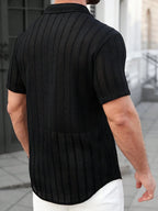 Vacation Casual Mens Knitted Shirts Short Sleeve Button-up Lapel Knit Shirt 2026 Spring Summer Stylish Patchwork Striped Shirts