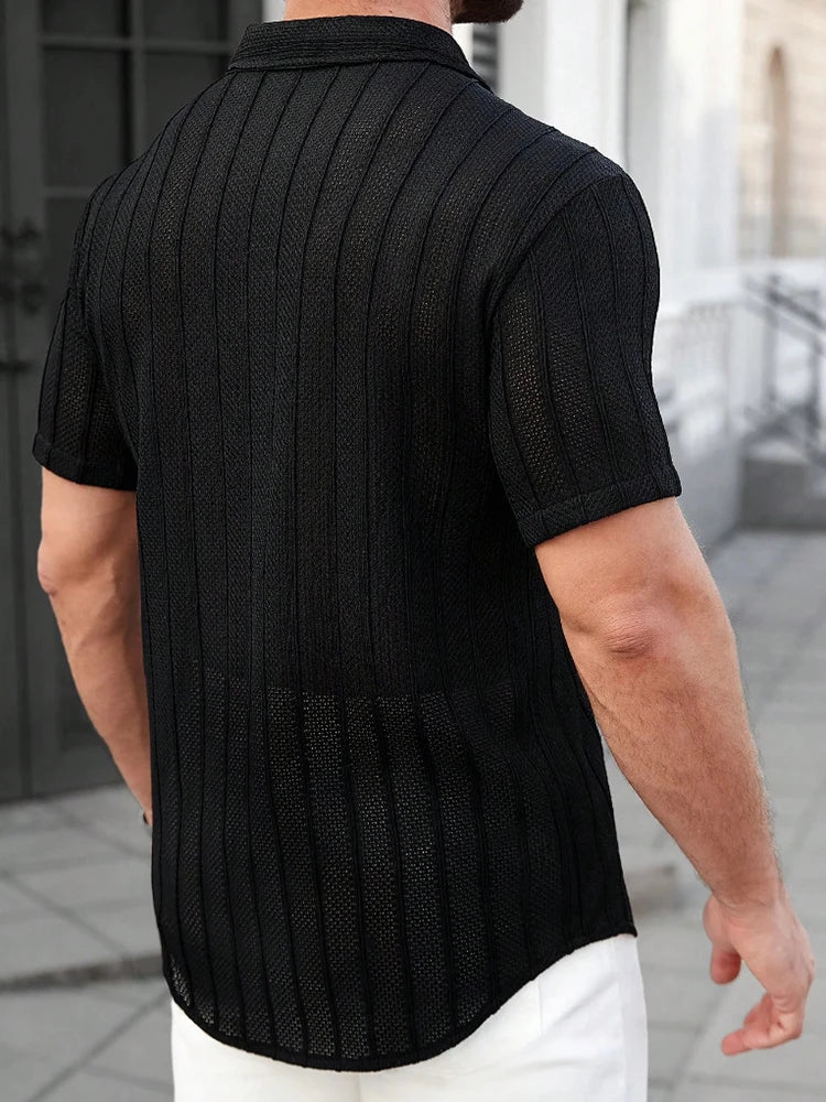 Vacation Casual Mens Knitted Shirts Short Sleeve Button-up Lapel Knit Shirt 2026 Spring Summer Stylish Patchwork Striped Shirts