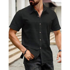 Men's Pure Color Flat Button Casual Short Sleeve Shirt Autumn Winter New Style Slim Fit Comfortable Breathable Fashionable