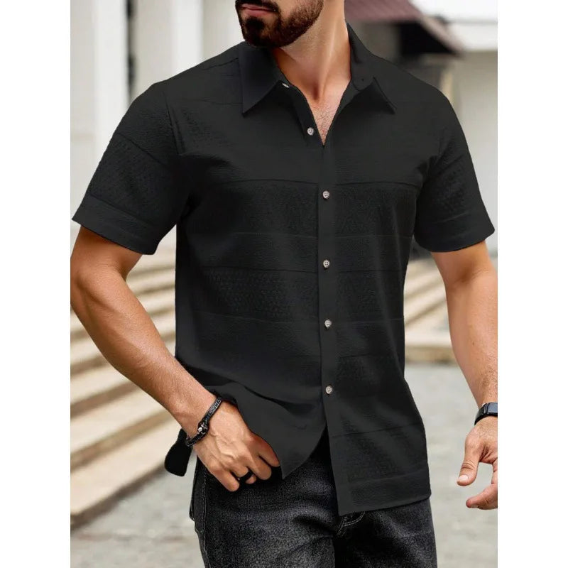 Men's Pure Color Flat Button Casual Short Sleeve Shirt Autumn Winter New Style Slim Fit Comfortable Breathable Fashionable