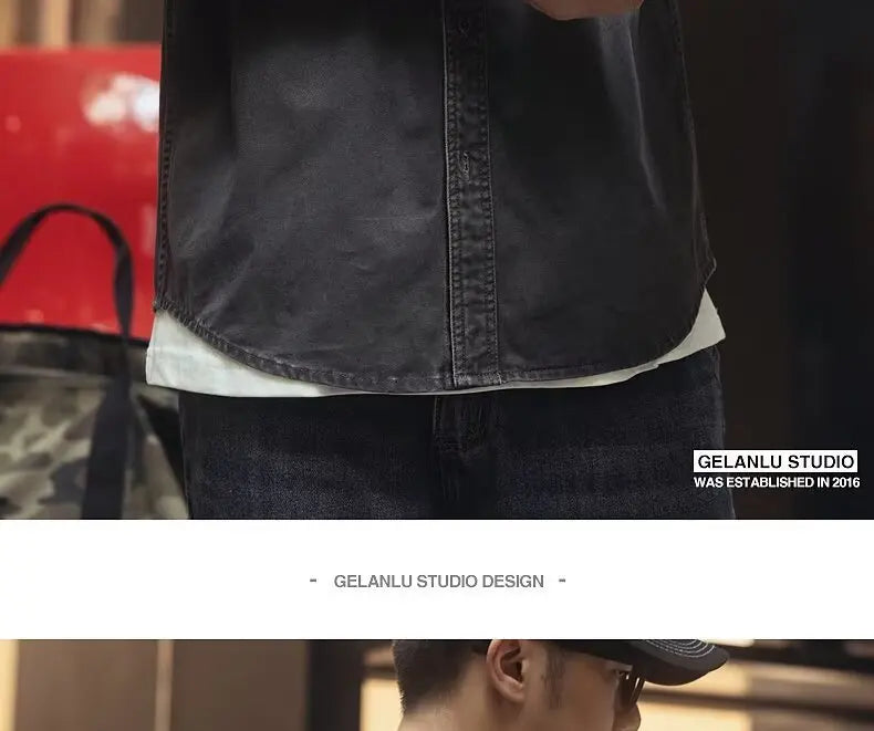 Retro American Workwear Long Sleeve Men's Denim Shirt Jacket Autumn Loose Hunting Style Casual Fashion Outerwear Coat