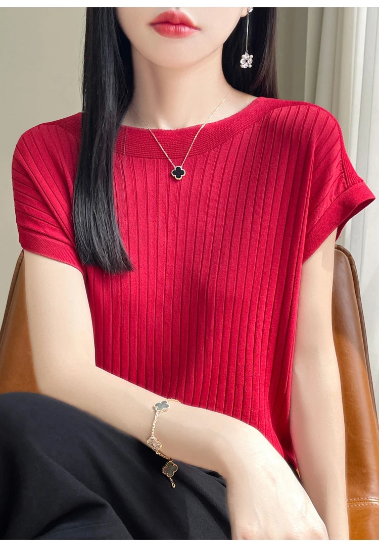 Summer Thin Ice Silk Knitted Loose T-Shirt Women's Short Sleeve Versatile Top Breathable Cool Feeling Pure Color Basic Fit