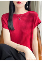 Summer Thin Ice Silk Knitted Loose T-Shirt Women's Short Sleeve Versatile Top Breathable Cool Feeling Pure Color Basic Fit