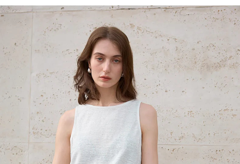 100% Hemp Knitted Thin Tank Top For Women Solid Color Summer Round Neck Sleeveless New Breathable Tops White Tops