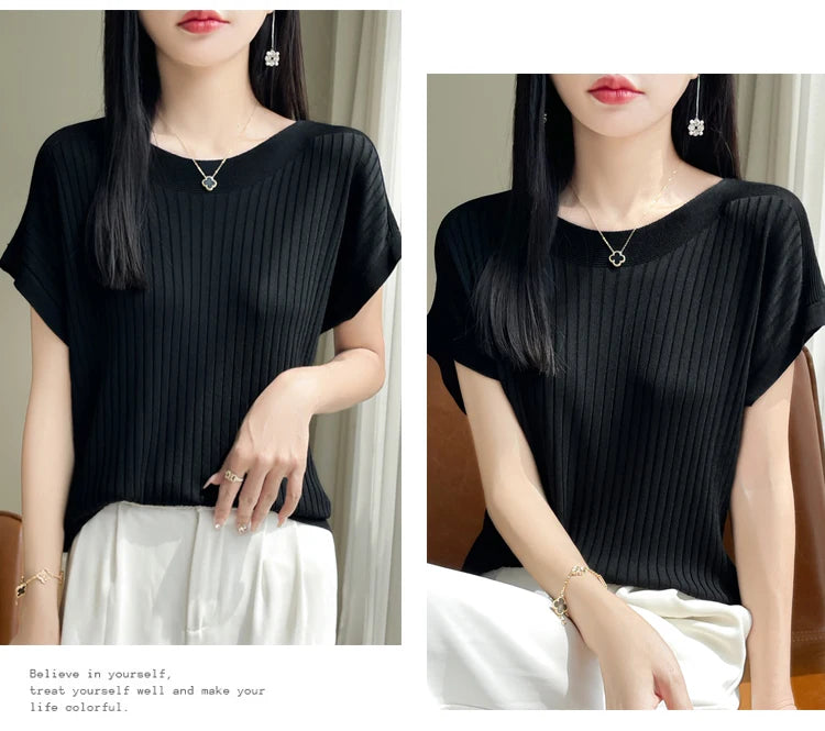 Summer Thin Ice Silk Knitted Loose T-Shirt Women's Short Sleeve Versatile Top Breathable Cool Feeling Pure Color Basic Fit