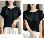 Summer Thin Ice Silk Knitted Loose T-Shirt Women's Short Sleeve Versatile Top Breathable Cool Feeling Pure Color Basic Fit