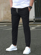 Men's Solid Color Drawstring Waist Casual Pants Regular Fit Comfy Trousers with Pockets for Spring And Fall