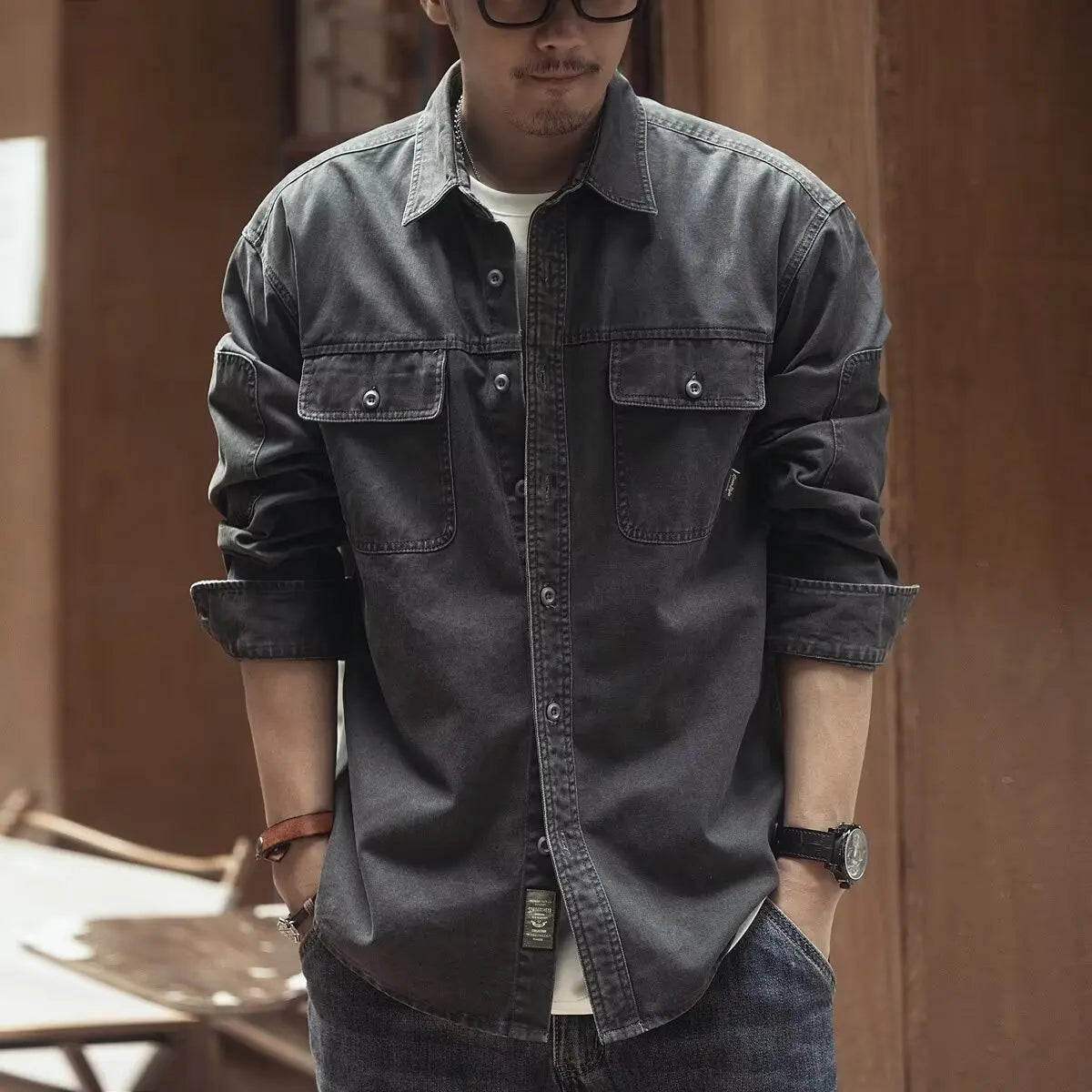 Retro American Workwear Long Sleeve Men's Denim Shirt Jacket Autumn Loose Hunting Style Casual Fashion Outerwear Coat
