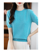 Fall/winter women's O-neck basic warm casual pullover fashion short sleeve 100% wool 22-color knitted sweater.