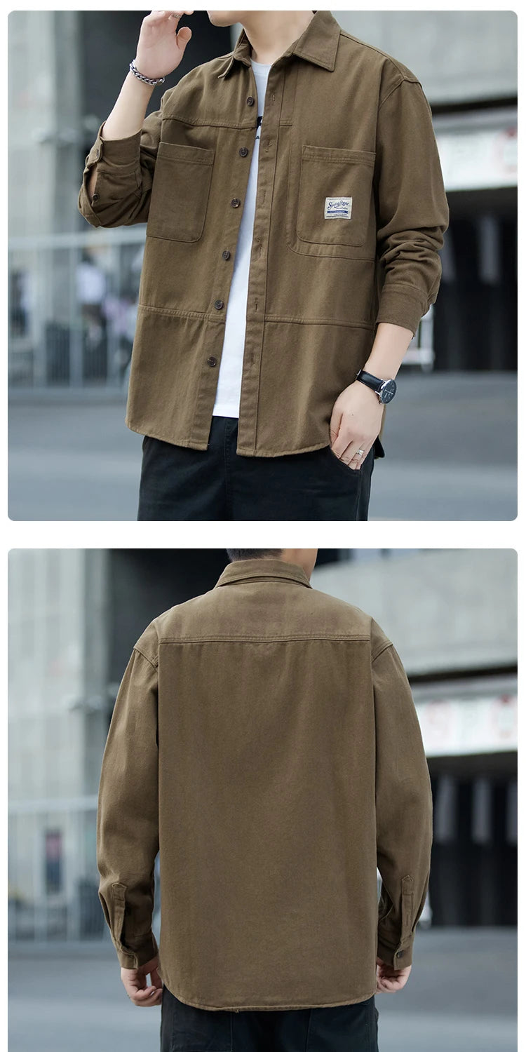 Men's Pure Cotton Long Sleeve Shirt Vintage Workwear Simple Style Autumn Winter New Arrival Casual Versatile Top Youth Fashion