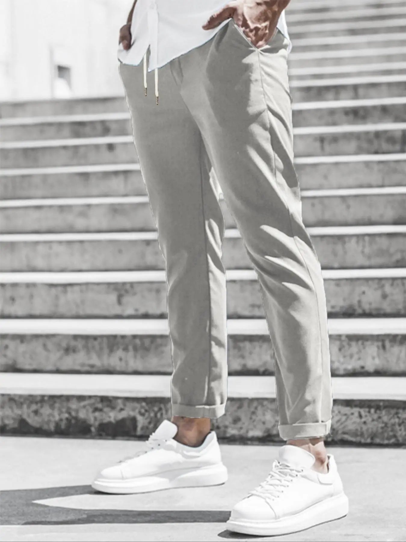 Men's Solid Color Casual Pants with Drawstring Waist Regular Fit Comfy Trousers with Pockets for Spring And Fall