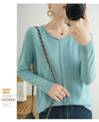 2023 Autumn/Winter Women's New Pullover Casual Solid 100% Cotton Knitted V-Neck Loose Sweater Fashion Soft Breathable Top