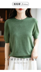 Fall/winter women's O-neck basic warm casual pullover fashion short sleeve 100% wool 22-color knitted sweater.