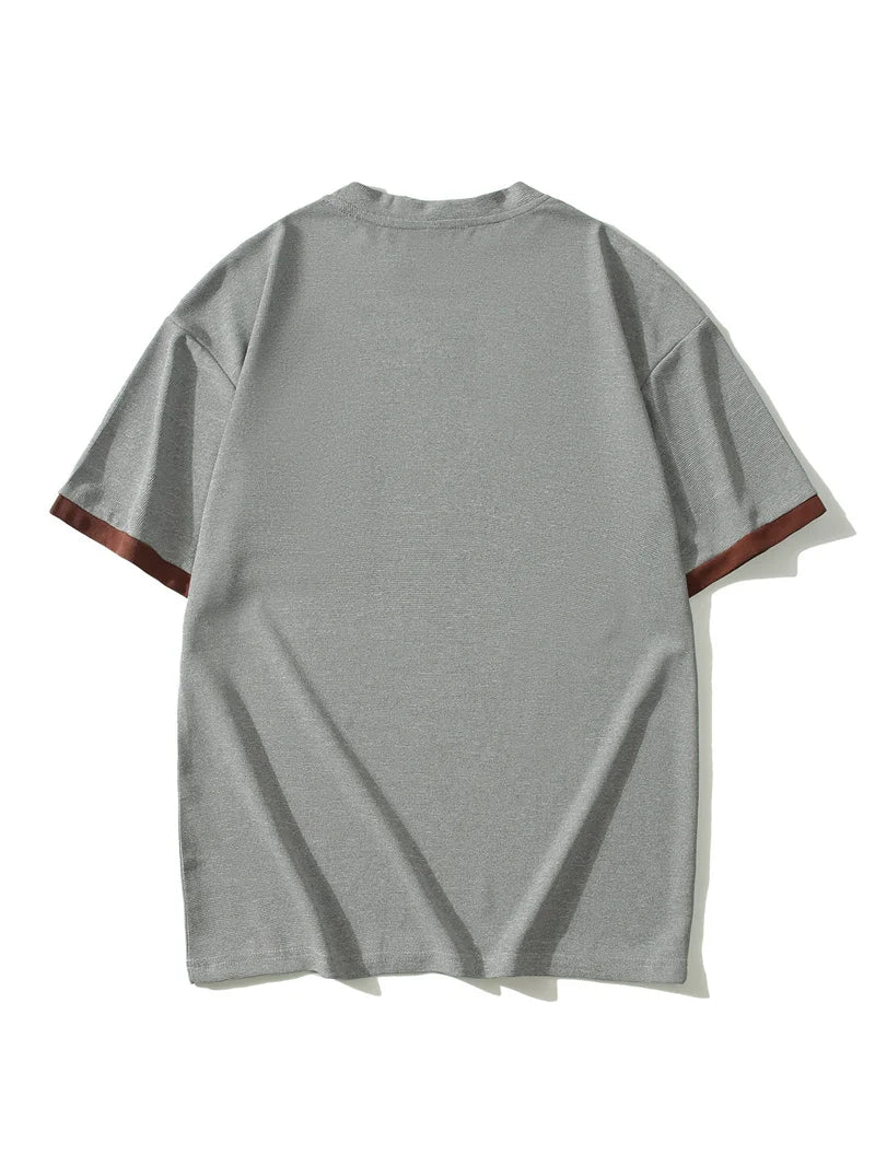 summer Casual breathable Men Tops Patchwork pocket sports pullover Textured Male Loose round collar short sleeve men T-shirts
