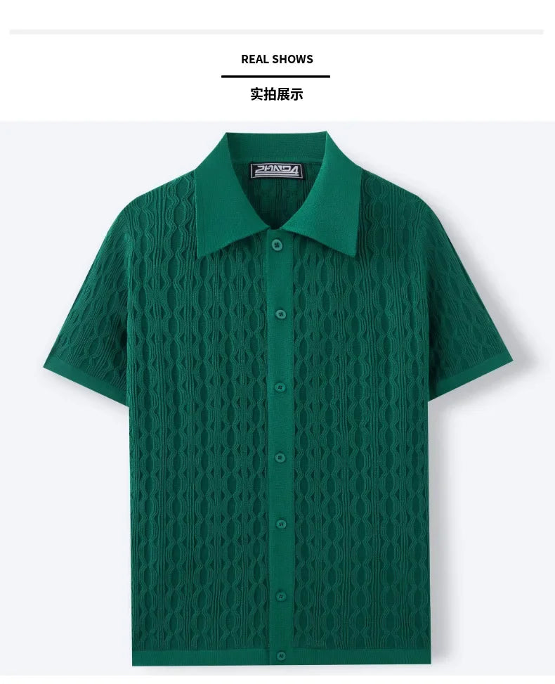 Summe Embroidery Men's Short Sleeved Fashion knitted Shirt 2025 Men's Business Solid Color Casual Button Cardigan POLO Shirt Top