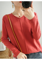 2023 Autumn/Winter Women's New Pullover Casual Solid 100% Cotton Knitted V-Neck Loose Sweater Fashion Soft Breathable Top