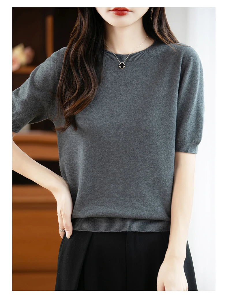 Fall/winter women's O-neck basic warm casual pullover fashion short sleeve 100% wool 22-color knitted sweater.