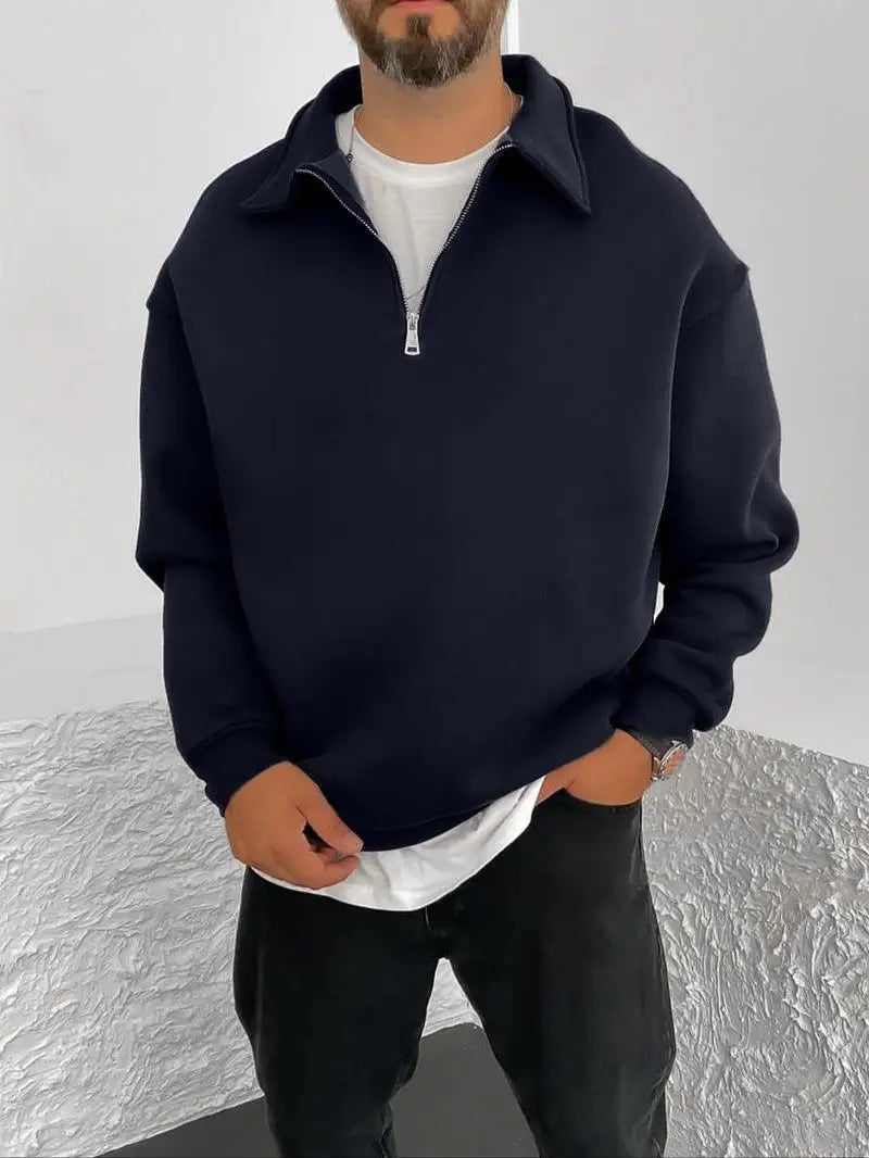2025 New Men's Double-sided Fleece Half-Zip Casual Hoodie Jacket Autumn Winter Polyester Fiber Sporty Loose Fit Fashion Urban