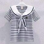 Girls Summer Casual Striped Sailor Collar Short Sleeve Suits 4 6 8 10 12 14 Years Girls JK Style Fashion Tops+Skirts 2pcs Sets