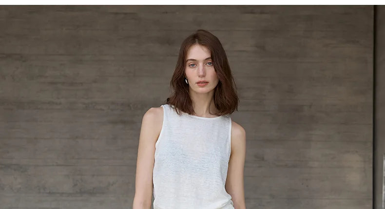 100% Hemp Knitted Thin Tank Top For Women Solid Color Summer Round Neck Sleeveless New Breathable Tops White Tops