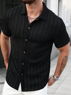 Vacation Casual Mens Knitted Shirts Short Sleeve Button-up Lapel Knit Shirt 2026 Spring Summer Stylish Patchwork Striped Shirts