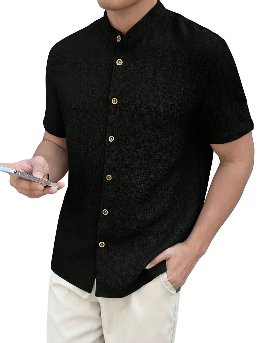 Casual Summer Shirt Men's Stand Collar Short Sleeve Light Maturity Leisure T-Shirt Open Cardigan Polyester Quick Dry Anti-Def...
