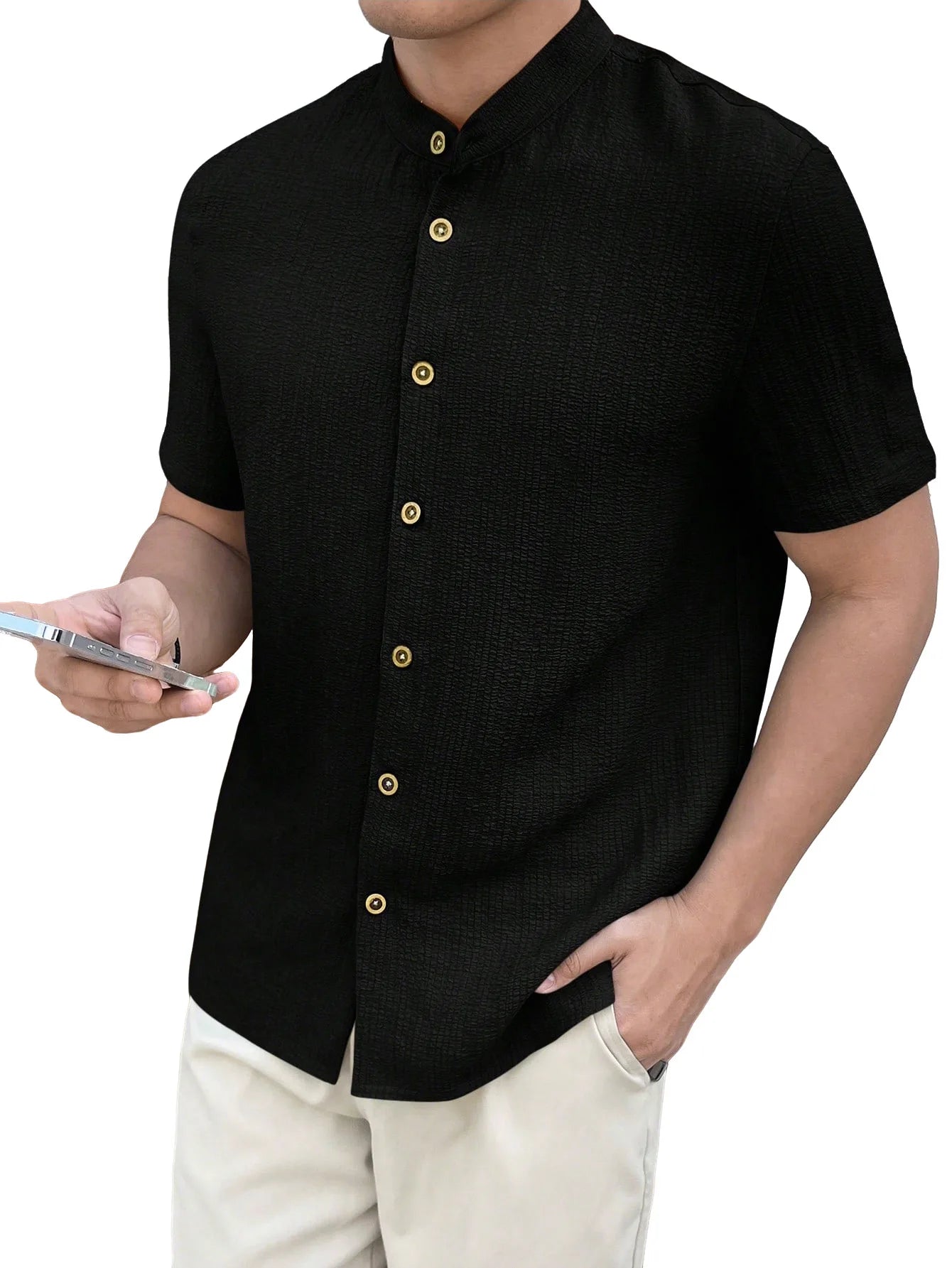 Casual Summer Shirt Men's Stand Collar Short Sleeve Light Maturity Leisure T-Shirt Open Cardigan Polyester Quick Dry Anti-Def...